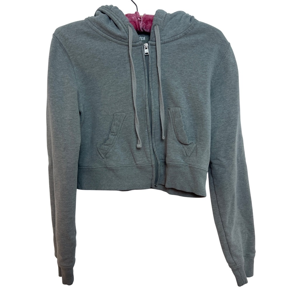 Hollister Women Cropped Full Zip Hoodie Gray Fleece M Long Sleeve Logo Y2K Layer